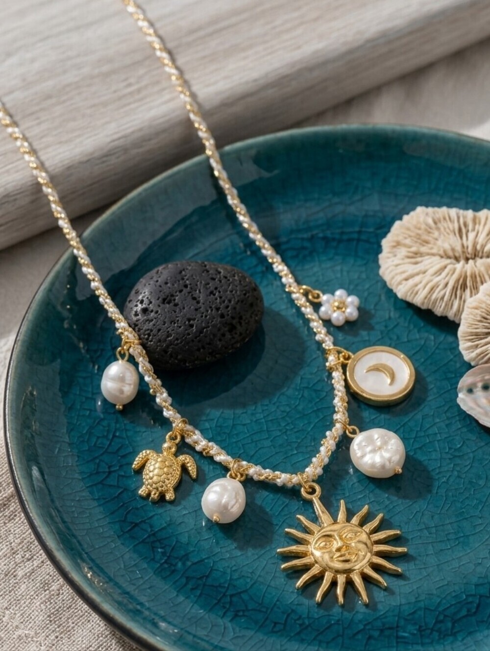 Sun Moon Faux Pearl Charm Pendant Necklace 18K Gold Plated Stainless Steel Boho